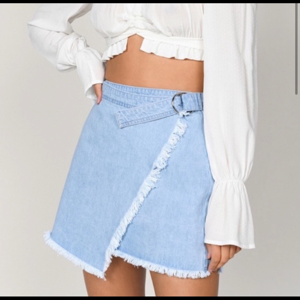 Tobi Denim wrap fringe skirt